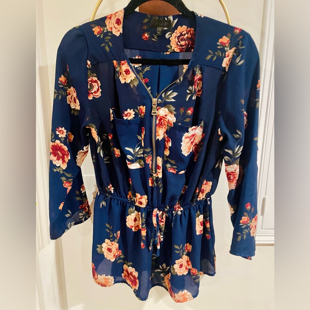 J for Justify Navy Blue Floral Zip-Front Blouse